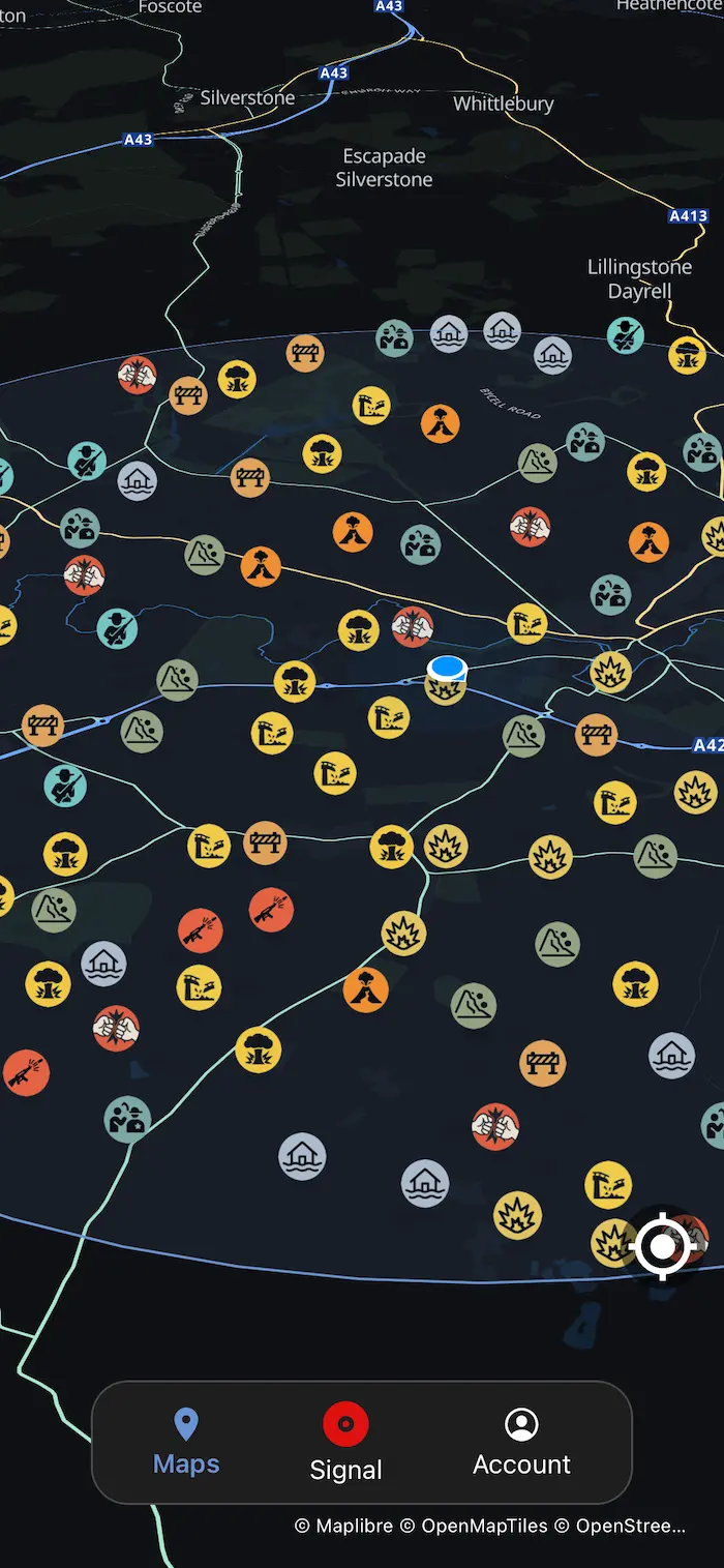 Safia safety map showing nearby incidents